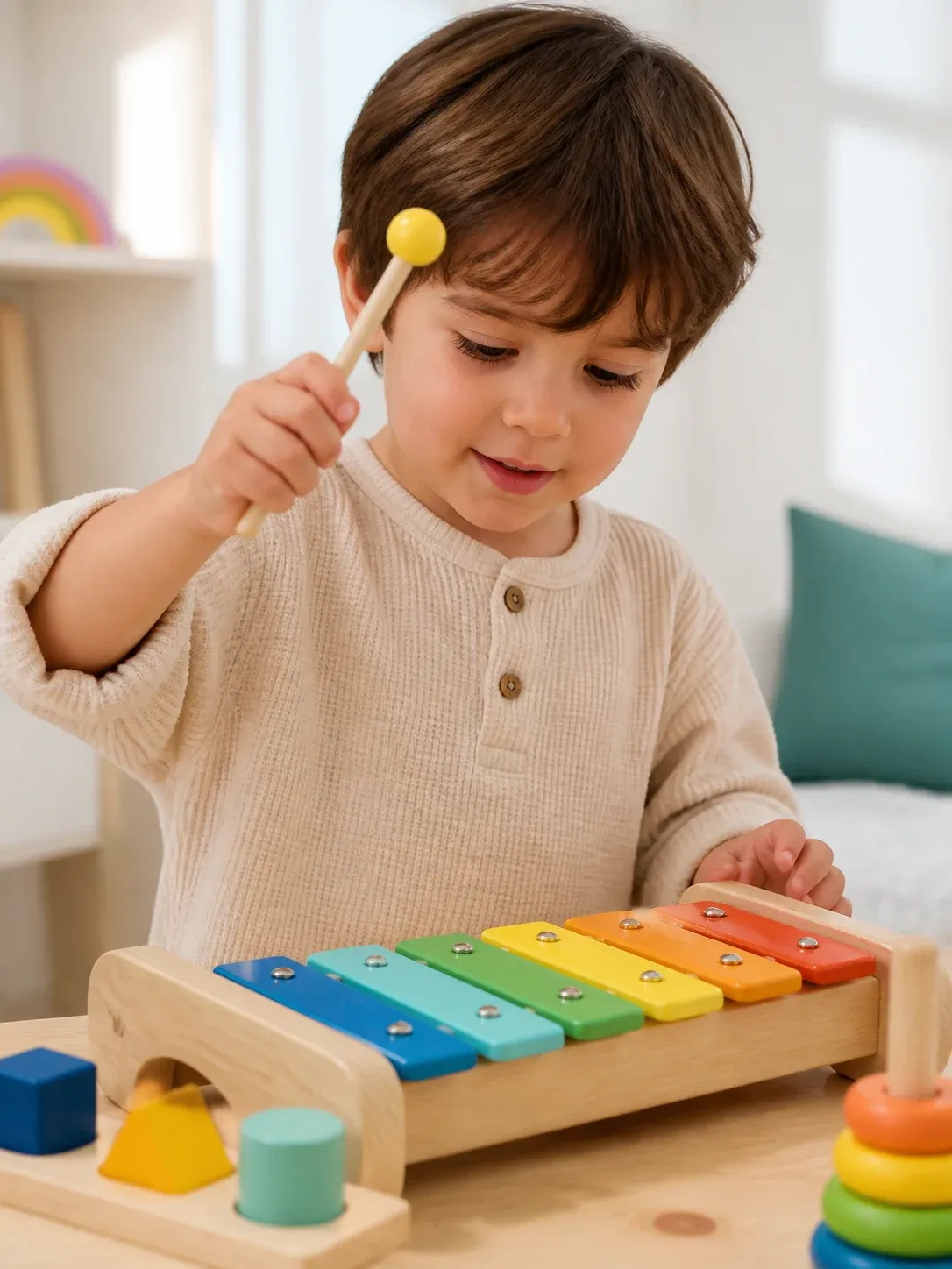 Child playing a wooden xylophone during focused creative play