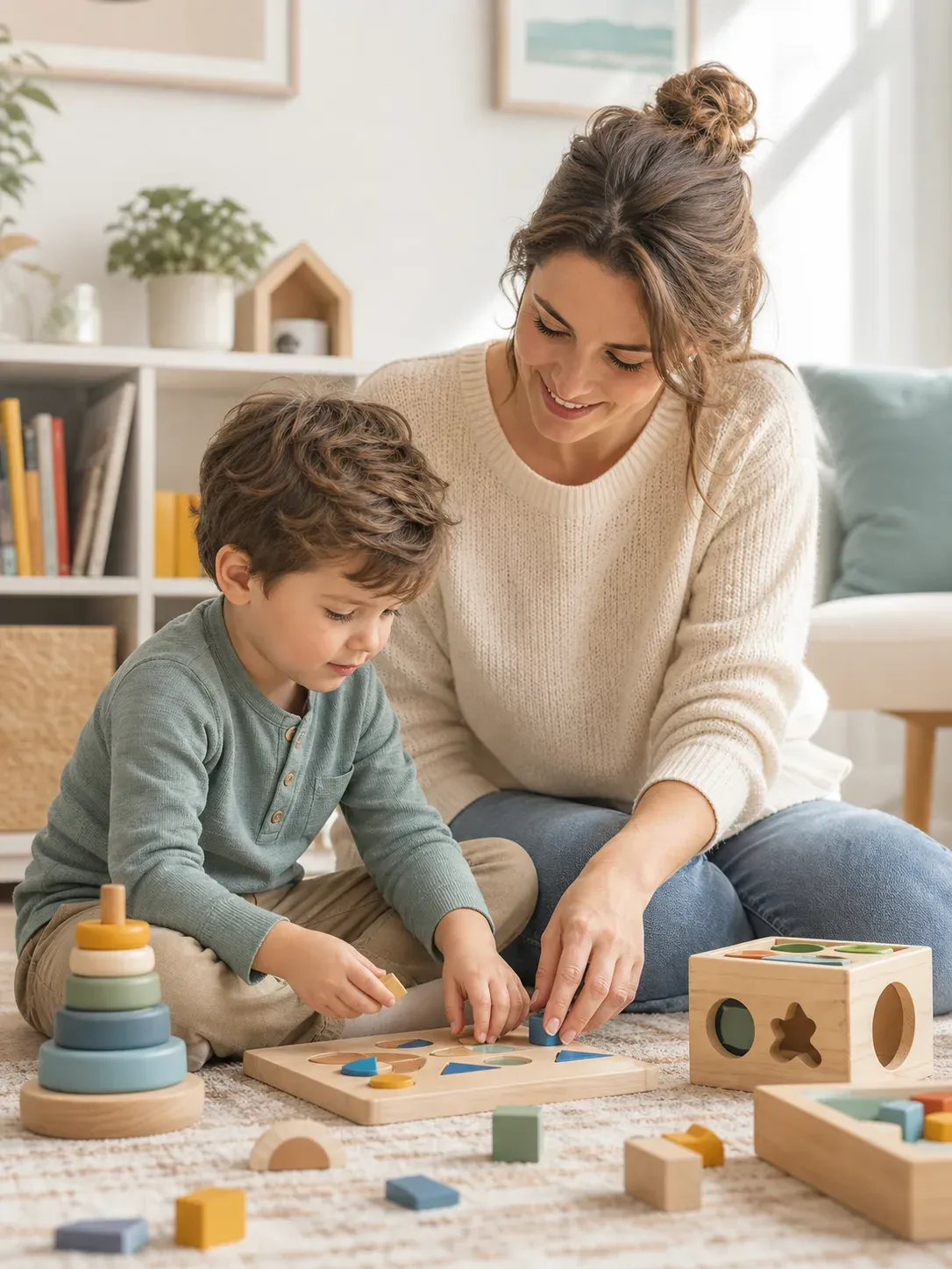 Parent and child exploring wooden educational toys together
